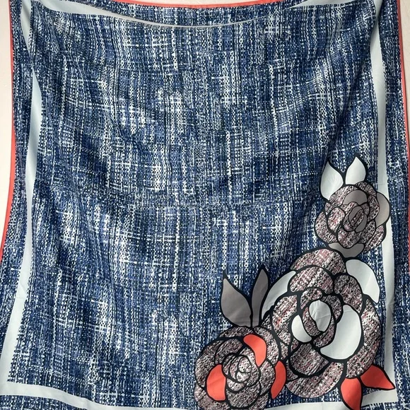 100% Silk Oversized Denim-Like Pattern w/ Flower Scarf -Blues, Grays & Coral - Picture 4 of 4